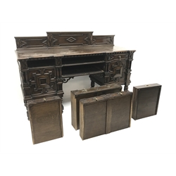  Jacobean style oak sideboard, raised stepped back, moulded top, two short and two long graduating drawers, two cupboards, cup and cover supports joined by stretchers, W198cm, H128cm, D69cm  