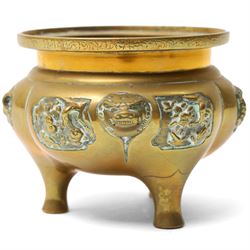 Asian bronze koro with raised decorative panels, two Indian elephants and one other Indian item