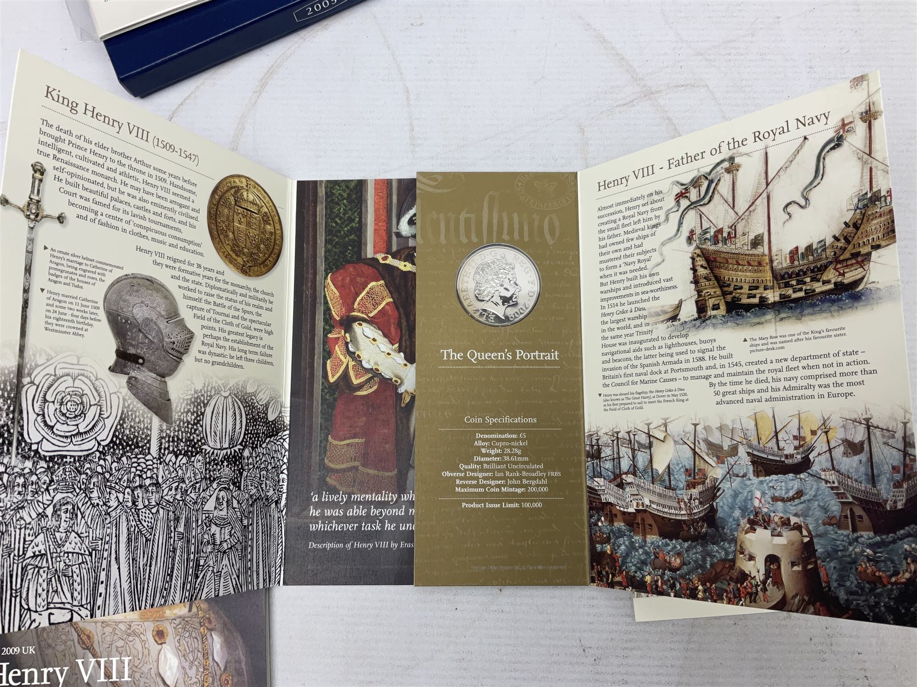 The Royal Mint United Kingdom 2005 proof coin set, with certificate, 2009 'Henry VIII' brilliant uncirculated fine pound coin, 2010 brilliant uncirculated coin collection, 2015 'The Fourth and Fifth Circulating Coinage Portrait Collection', and 'Farewell and Nations of the Crown UK' one pound brilliant uncirculated two coin set, all cased or in card folders
