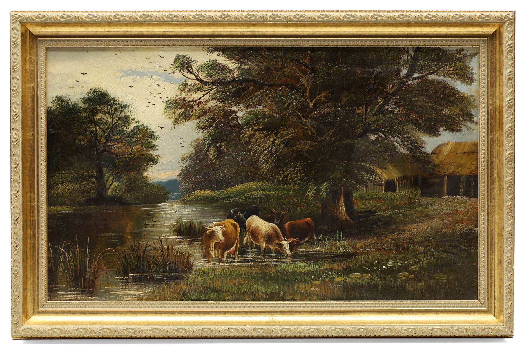 J Morris (British 19th century): Cows Grazing in a River, oil on canvas signed 29cm x 50cm; English School (19th century): Family of Birds, oil on canvas unsigned 32cm x 22cm (2)