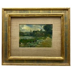 Henrique Medina De Barros (Portuguese 1901-1988): 'On the Seine', oil on board signed and dated 1929, titled on Redfern Gallery label verso 15cm x 21cm