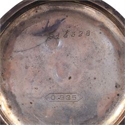 Victorian silver improved chronograph open faced pocket watch by J.Cryer, together with a continental silver pocket watch, stamped 935