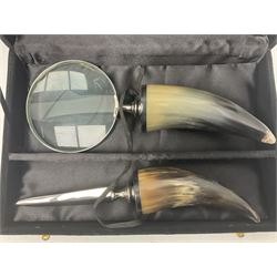 Horn handled magnifying glass and letter opener cased set, replica Scrimshaw in the form of a tusk titled The Ship Charles W Morgan New Bedford and pair of binoculars