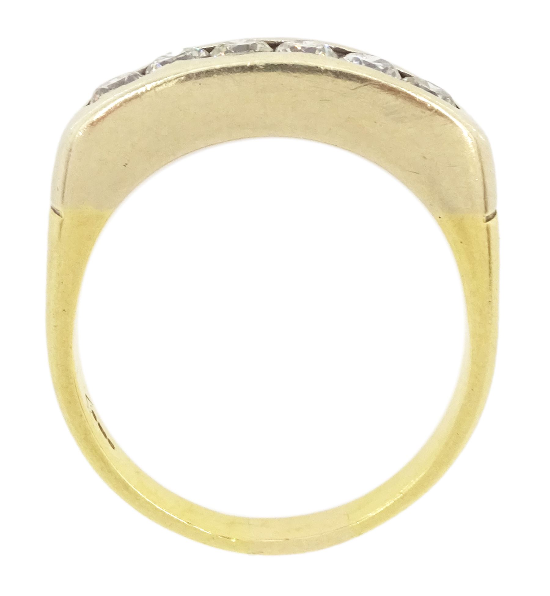 18ct gold channel set, six stone round brilliant cut diamond ring, hallmarked, total diamond weight approx 0.55 carat