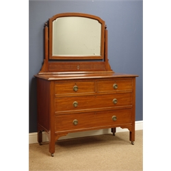  Edwardian mahogany dressing chest, raised swing mirror, two short and two long drawers, W107cm, H146cm, D50cm  