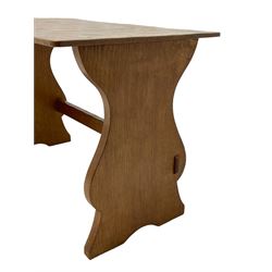 Gnomeman - adzed oak coffee table, on shaped end supports united by stretcher, carved with gnome signature, by Thomas Whittaker, Littlebeck, Whitby 