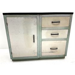 Painted metal preparation cabinet, Single cupboard next to three graduating drawers 