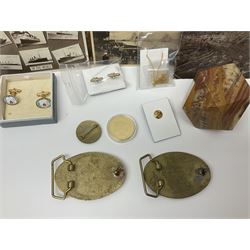 Studio Danielle Old English Sheepdog jewellery including two pairs of cufflinks, necklace and pin, together with similar belt buckle, hardstone tetradecahedron paperweight, postcards and an Imperial War Museum Falklands Conflict coin