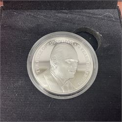 Six Queen Elizabeth II silver proof coins, comprising Government of Niue 2018 ‘The Flanders Remembrance Poppy’ two dollars, Solomon Islands 2020 ‘80th Anniversary of the Battle of Britain’ five dollars, Alderney 2019 ‘The 75th Anniversary of D-Day’ five pound, Alderney 2019 ‘Remembrance Day’ five pound, Bailiwick of Jersey ‘Prince Philip 70 Years of Service’ five pound, Pobjoy Mint Gibraltar 2020 ‘Penny Black’ fifty pence coin, with further Pobjoy Mint Gibraltar 2020 proof sterling silver piedfort ‘Penny Black’ fifty pence coin, all boxed with certificates