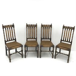 Set four 1920's birch barley twist dining chairs, upholstered drop in seat, turned supports, W46cm