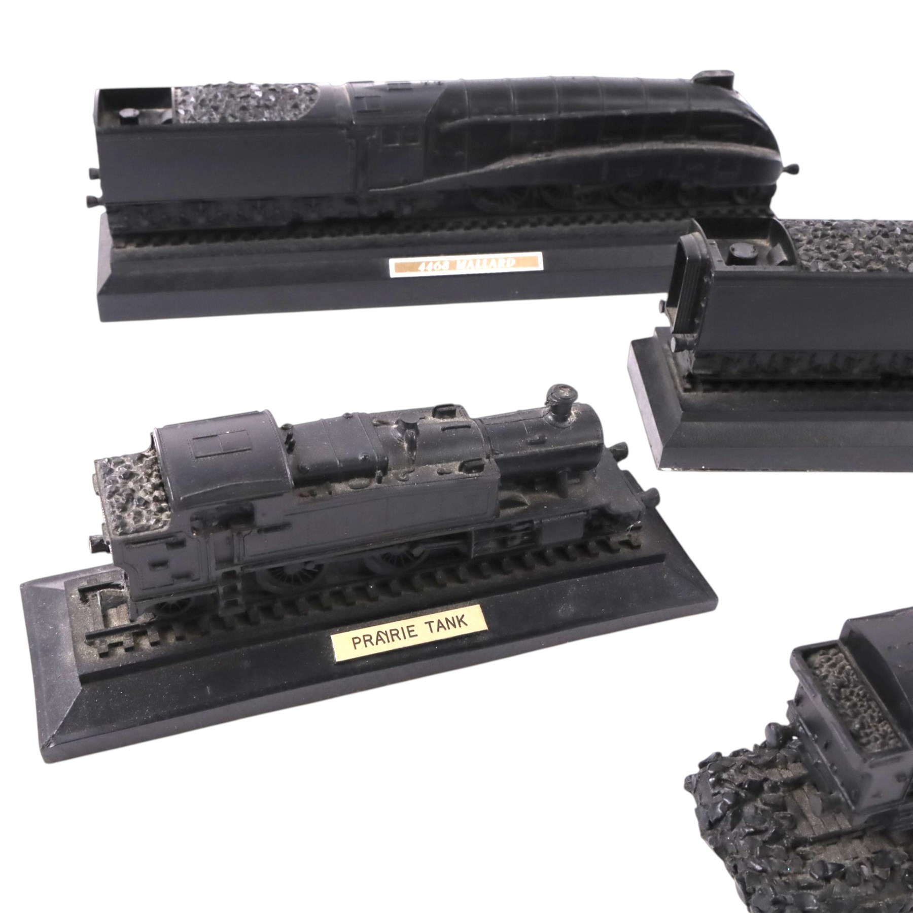 Six British coal models of trains, including Mallard, BR Mogul, Prairie Tank, etc