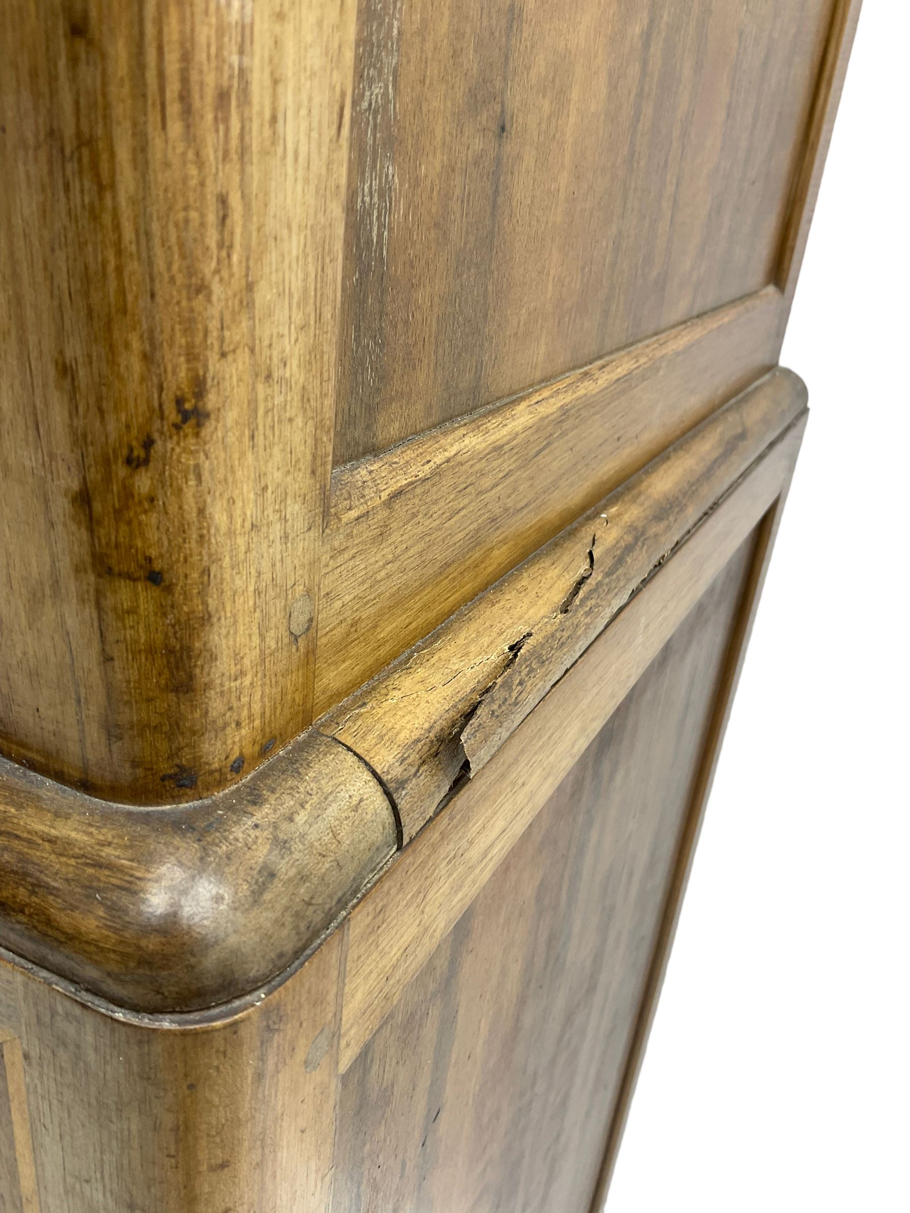 Early 20th century Art Deco walnut cocktail tallboy chest, fitted with double cupboard enclosing two shelves over two short and three long drawers, each with shell shaped handes