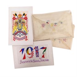 Eight WWI silk work sweetheart cards, and a silk to my wife handkerchief 