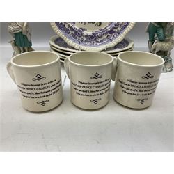 Set of six Spode 'Mayflower' plates, together with three Carlton ware Prince Charles mugs, pair candlesticks