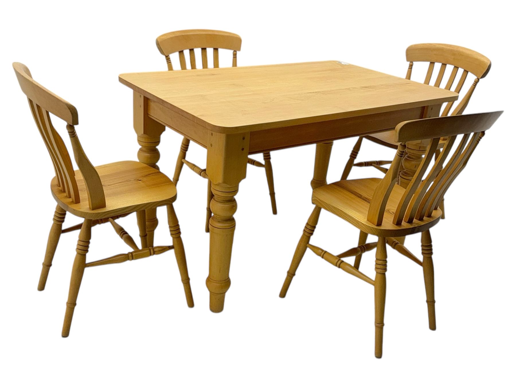 Light wood kitchen table; set of four chairs,  chairs have a shaped top rail over four vertical slats dished seat over turned legs on a H-stretcher 