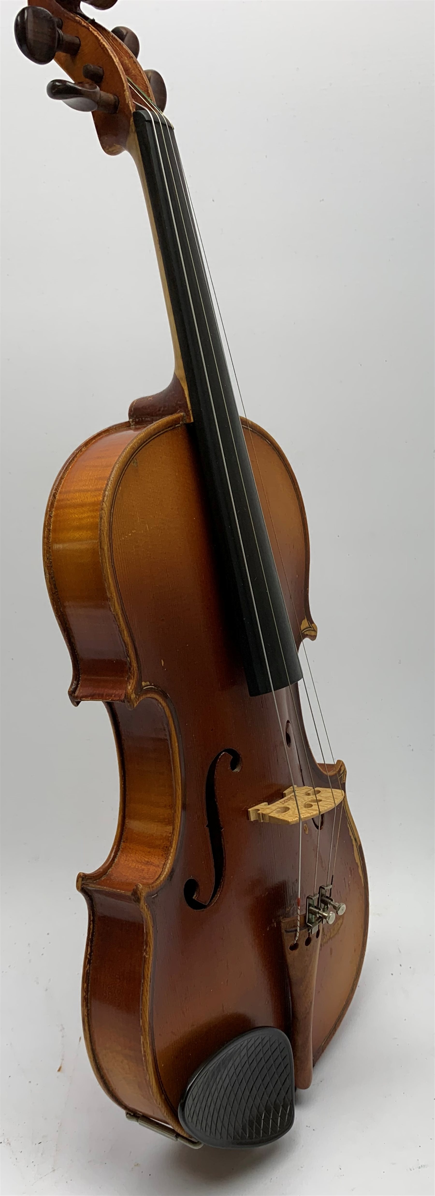  Maidstone School violin c1930 with 36cm two-piece maple back and spruce top, bears label 'The Maidstone School Orchestra Association 463 Oxford Street London Made in Czechoslovakia', L59cm overall, in carrying case  