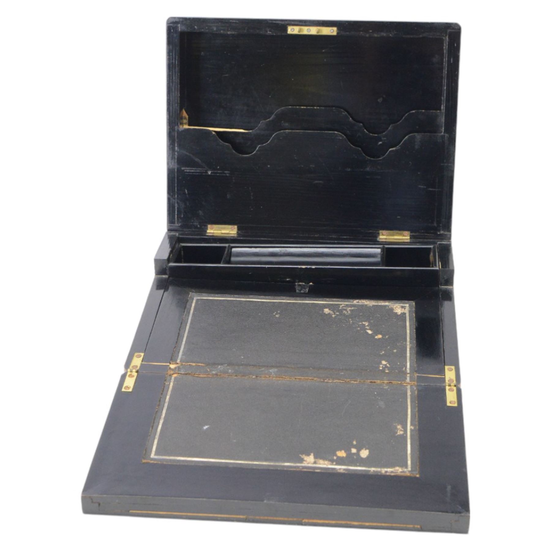 Victorian writing slope, with Turnbridge-ware styled Inlaid borders to the front and lid, opening to reveal and ebonised interior with letter rack, removable tray and writing slope and two further wooden boxes