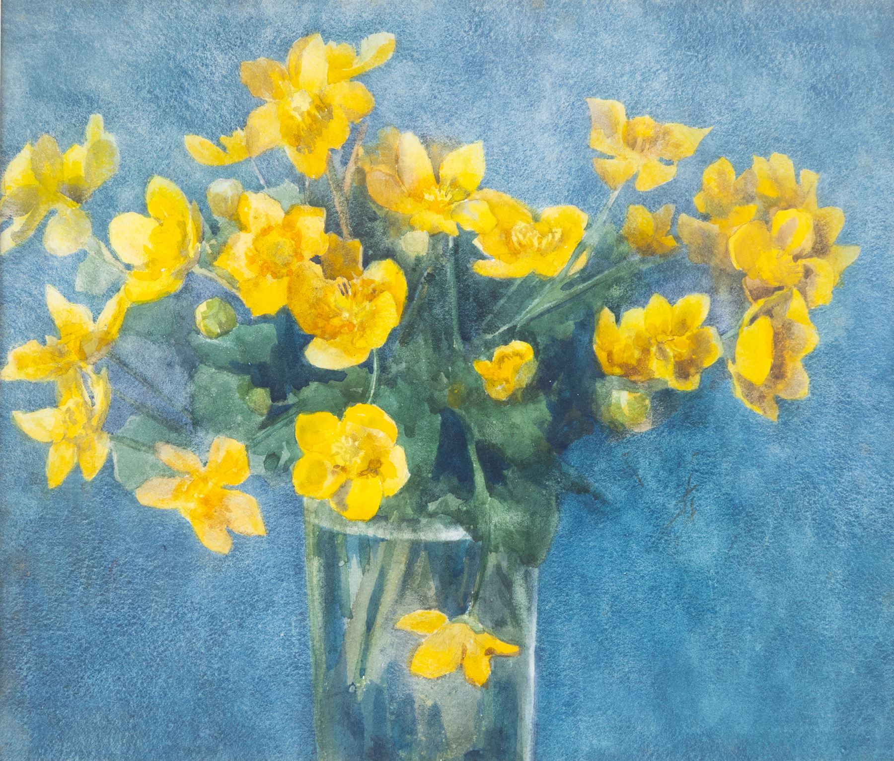 Edith Brearey Dawson (née Robinson) (British 1862-1928): Yellow Anemones, watercolour unsigned 22cm x 26cm
Notes: Edith was the daughter of a Quaker Schoolmaster living in Scarborough as early as 1881, she studied under Albert Strange at the Scarborough School of Art, exhibiting at the Royal Academy and the RBA between 1889 and 1893. She married fellow artist Nelson Ethelred Dawson in 1893 then moving to London she mostly abandoned painting in favour of metal and enamel work.