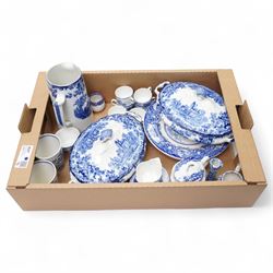 Large collection of mixed blue and white, including two covered tureens, miniature Ridgway tea service, etc in one box