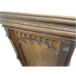 Victorian solid oak pew, panelled design, carved Gothic ends
