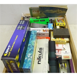  Vintage playing cards, 'Lindop's poker dice', gaming tokens in a small fitted case, Nikula 15-30x50 monocular telescope, scalextric sport lap counter/timer, various movie viewers, photo frame light box, 'The Wind in the Willows' board game etc, in one box  