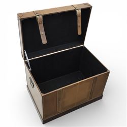 Contemporary leather trunk with handles and bedside table of similar design, three drawers with leather strap handles and leather corners Trunk: H 45cm, D 40cm, W 61cm Bedside table: H 69cm, D 51cm, W 52cm