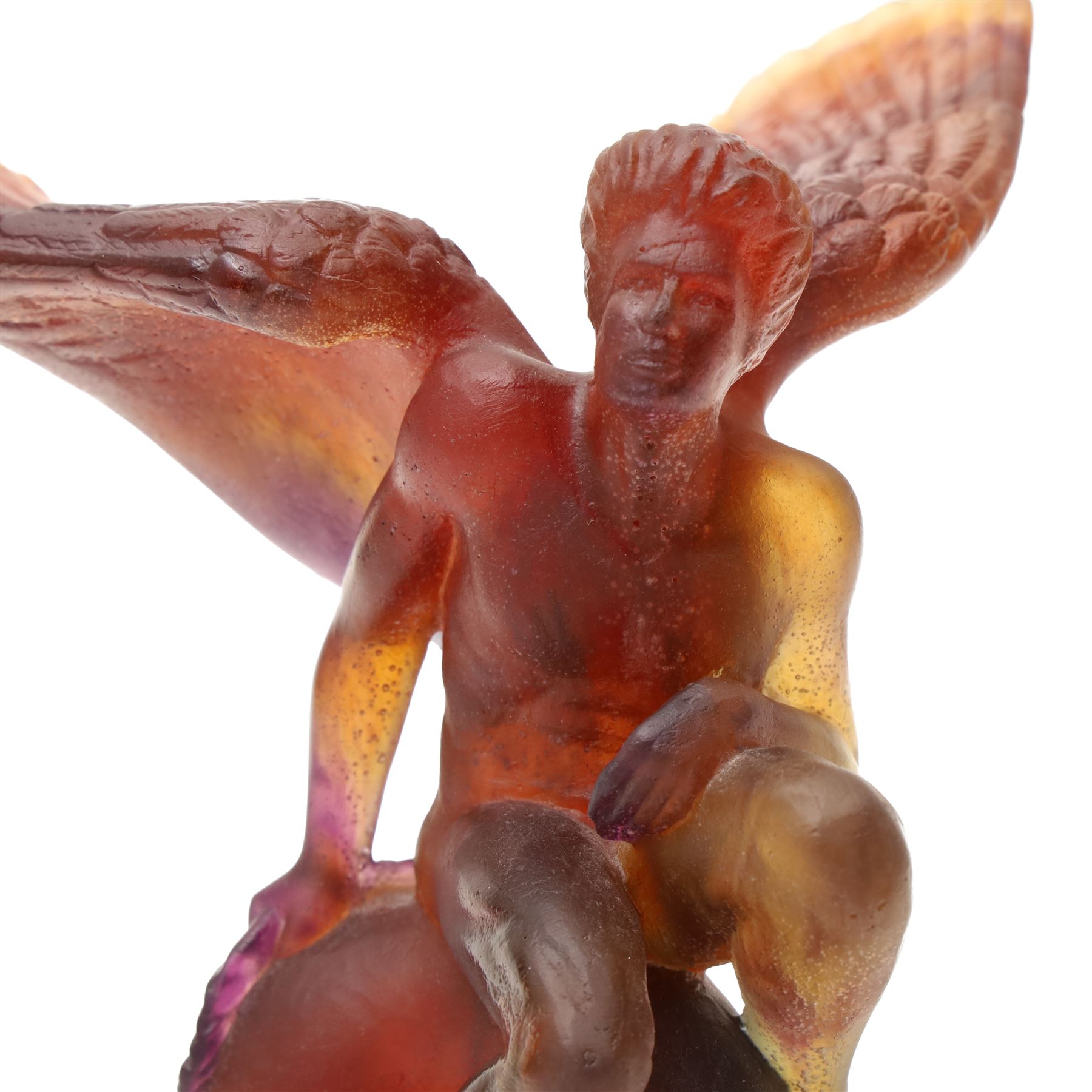 Daum 'Kneeling Angel', glass bowl held aloft by a pate de verre figure, incised Daum France, boxed, H28cm 