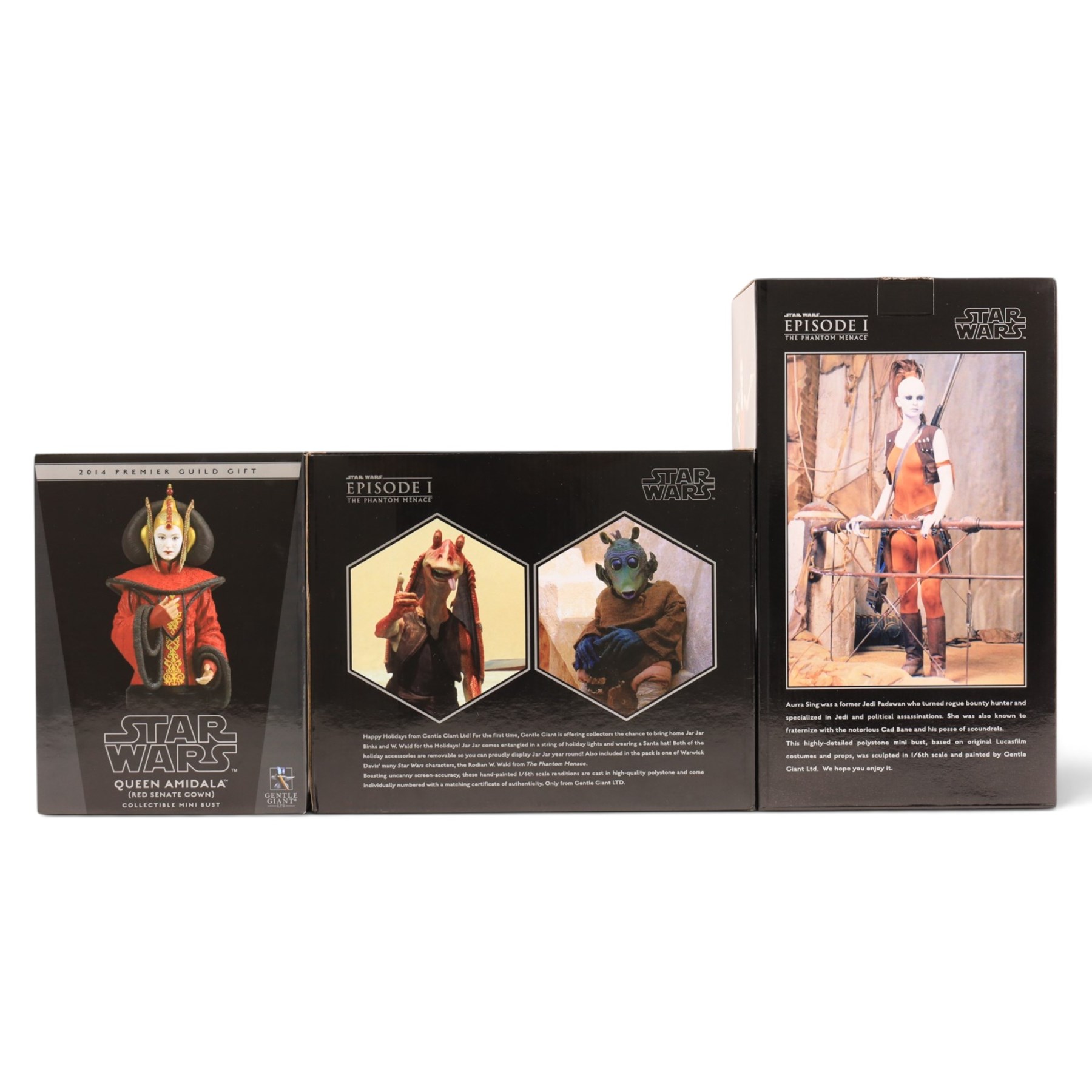 Three limited edition Gentle Giant Star Wars Episode I The Phantom Menace collectible mini busts, comprising Aurra Sing no.685/1800, 2012 Premier Guild Exclusive Jar Jar Binks with W.Wald Deluxe Busts and 2014 Premier Guild Gift Princess Amidala