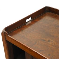  Late 18th century tray top bedside table, tray top with cut out handles, above a tambour shutter, with commode style pull out drawer beneath, raised on square tapering supports