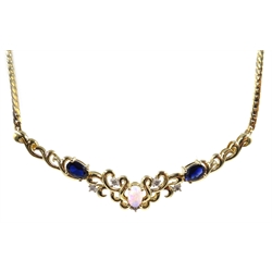  Gold sapphire, opal and diamond necklace, hallmarked 9ct   