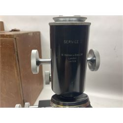 Four microscopes, including Cooke, Troughton & Simms no M467926, W Watson & Sons no 114758, W & J George & Beck Ltd no 36649 and one other 