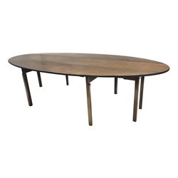 20th century Georgian style mahogany wake table, oval drop leaf top, double gate action base on each side, six square supports with inner chamfered edge and outer moulded edge