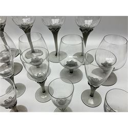 Murano glass figure of a recumbent horse, Murano Lavorazione purple and pink flower, and quantity of matching drinking glasses