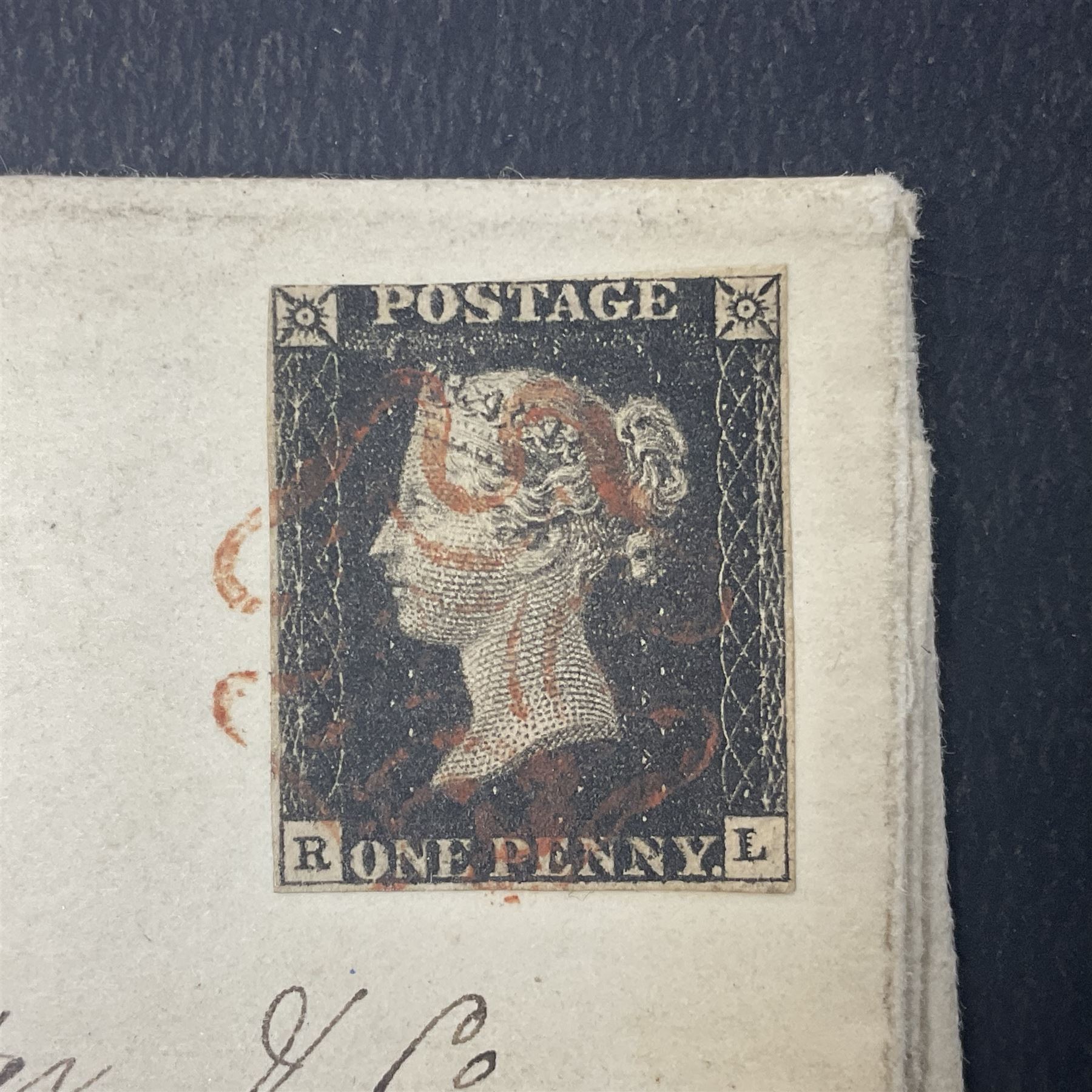 Great Britain Queen Victoria penny black stamp on cover, tied to cover or entire, with red MX cancel
