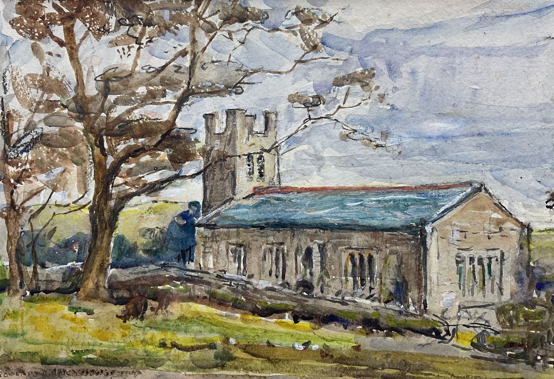 Rowland Henry Hill (Staithes Group 1873-1952): St Nicholas' Church - Roxby near Whitby, watercolour signed and dated 1930, 17cm x 24cm 
Provenance: with T B & R Jordan Fine Art Specialists, Stockton on Tees, label verso