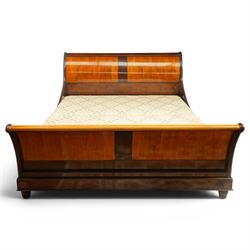 And So To Bed - super king size 'Palais' sleigh bed, with curved headboard and footboard, figured veneer panels, contrasting inlaid-style banding and upholstered base panels