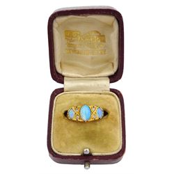 Victorian 18ct gold three stone opal ring, with four diamond accents set between