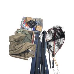Collection of fly fishing equipment and similar, including Pflueger Summit 5 Fly Rod, Stimulator ST8605 Fly Rod, Power Plus Tiger Edition, Snowbee net and two others, Snowbee waders size 10, Abu Garcia 276Ui reel, Predator fly reel, Stealth Cassette 1 Fly Reel, etc 