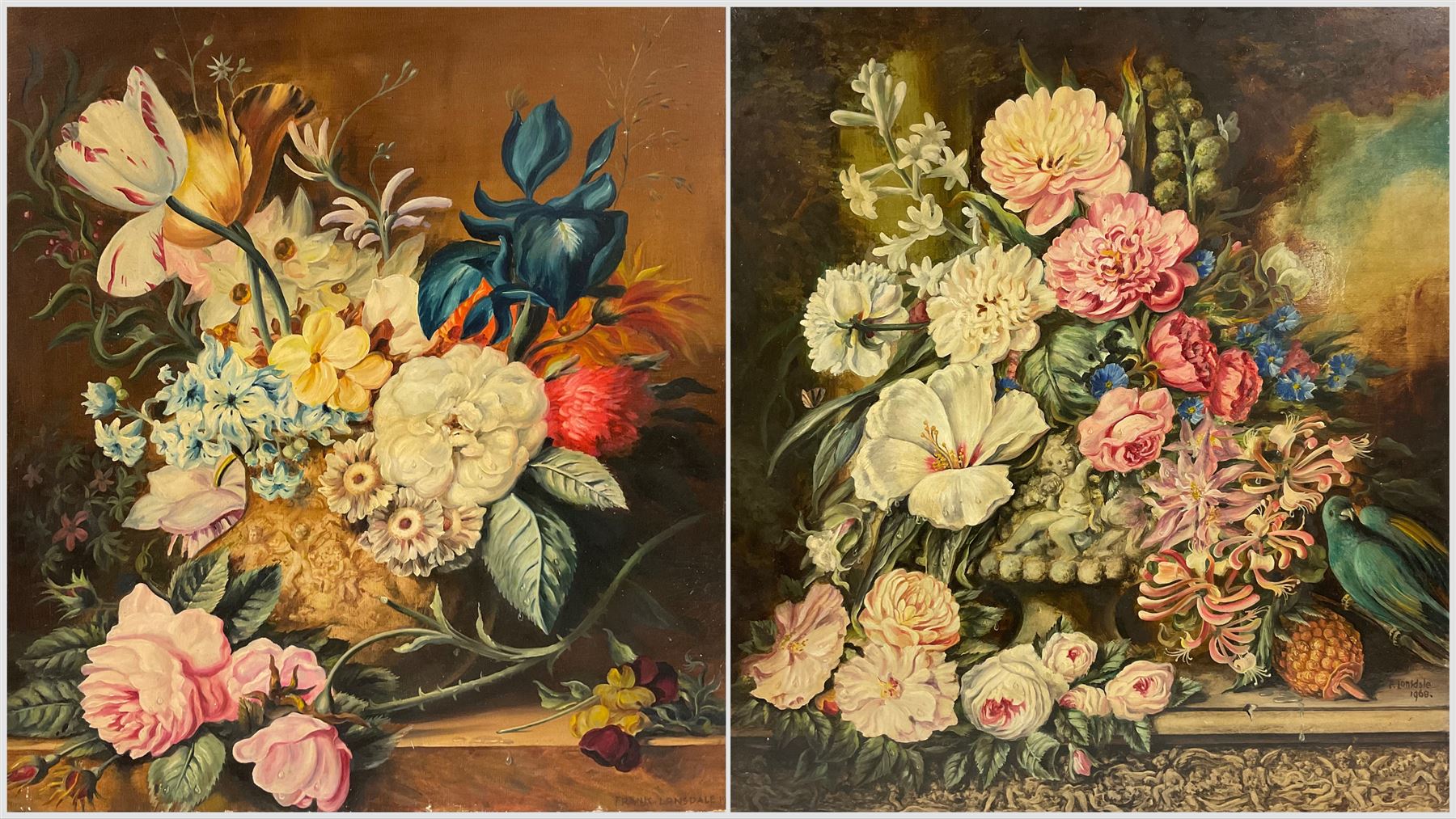 Frank Lonsdale (Scarborough 20th Century): Floral Still Lifes, pair oils on canvas board signed and dated 1970 and 1968, 72cm x 63cm (unframed) (2)