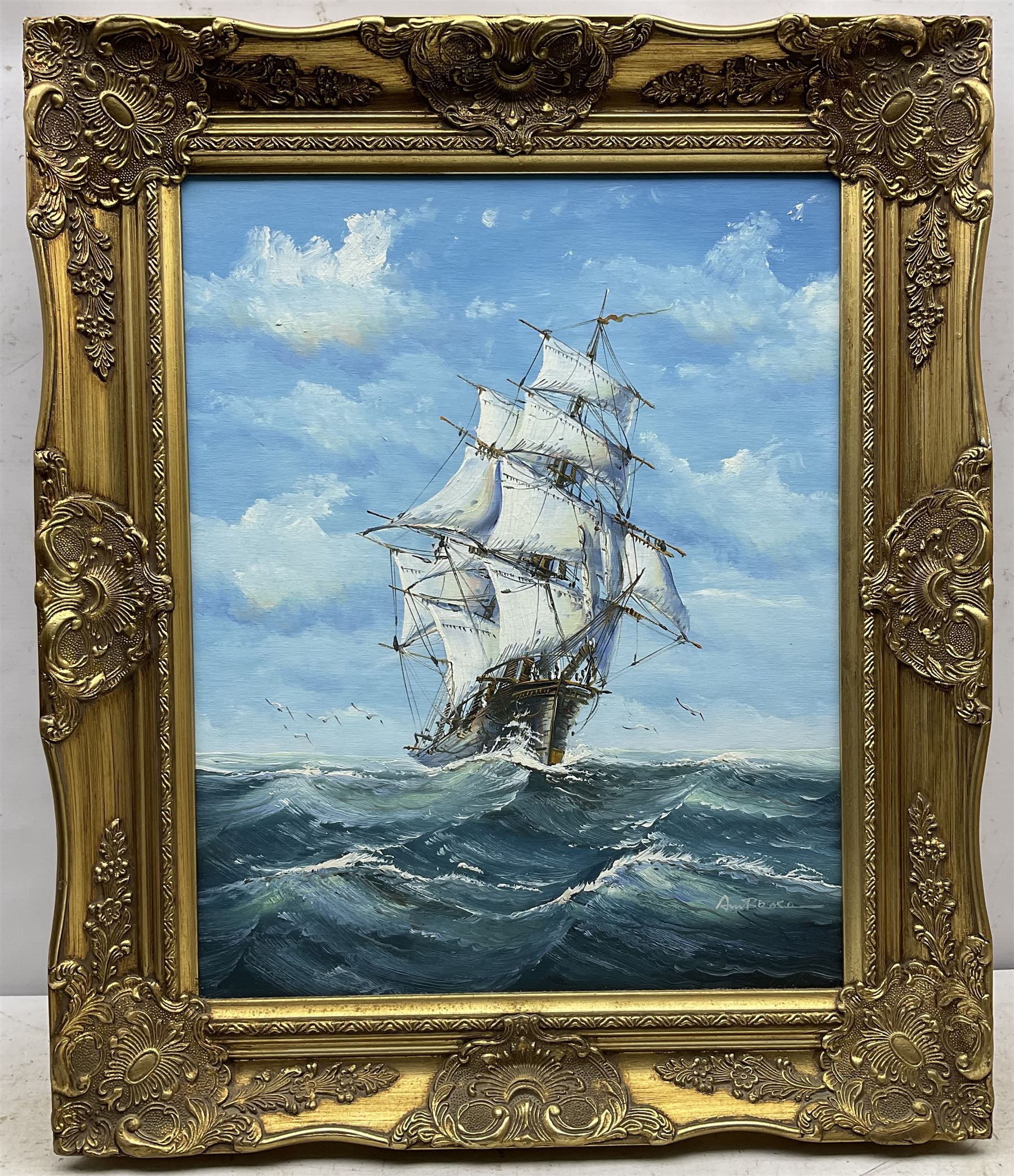 Ambrose (20th century): Ship at Full Sail from Bow, oil on board signed 49cm x 39cm