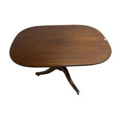 George III mahogany pedestal table, moulded tilt-top on turned column, three splayed supports with brass cups and castors