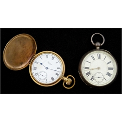  Victorian silver pocket watch, key wound by Waltham Mass, Birmingham 1876 and gold plated full hunter pocket watch by Waltham (2)  