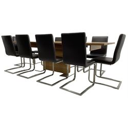 Contemporary walnut extending dining table, rectangular pull-out extending action top with two additional leaves, on rectangular base with burnished metal feet (160cm - 258cm x 100cm, H78cm); together with a set of ten cantilever dining chairs upholstered in stitched brown leather, on burnished metal supports 
