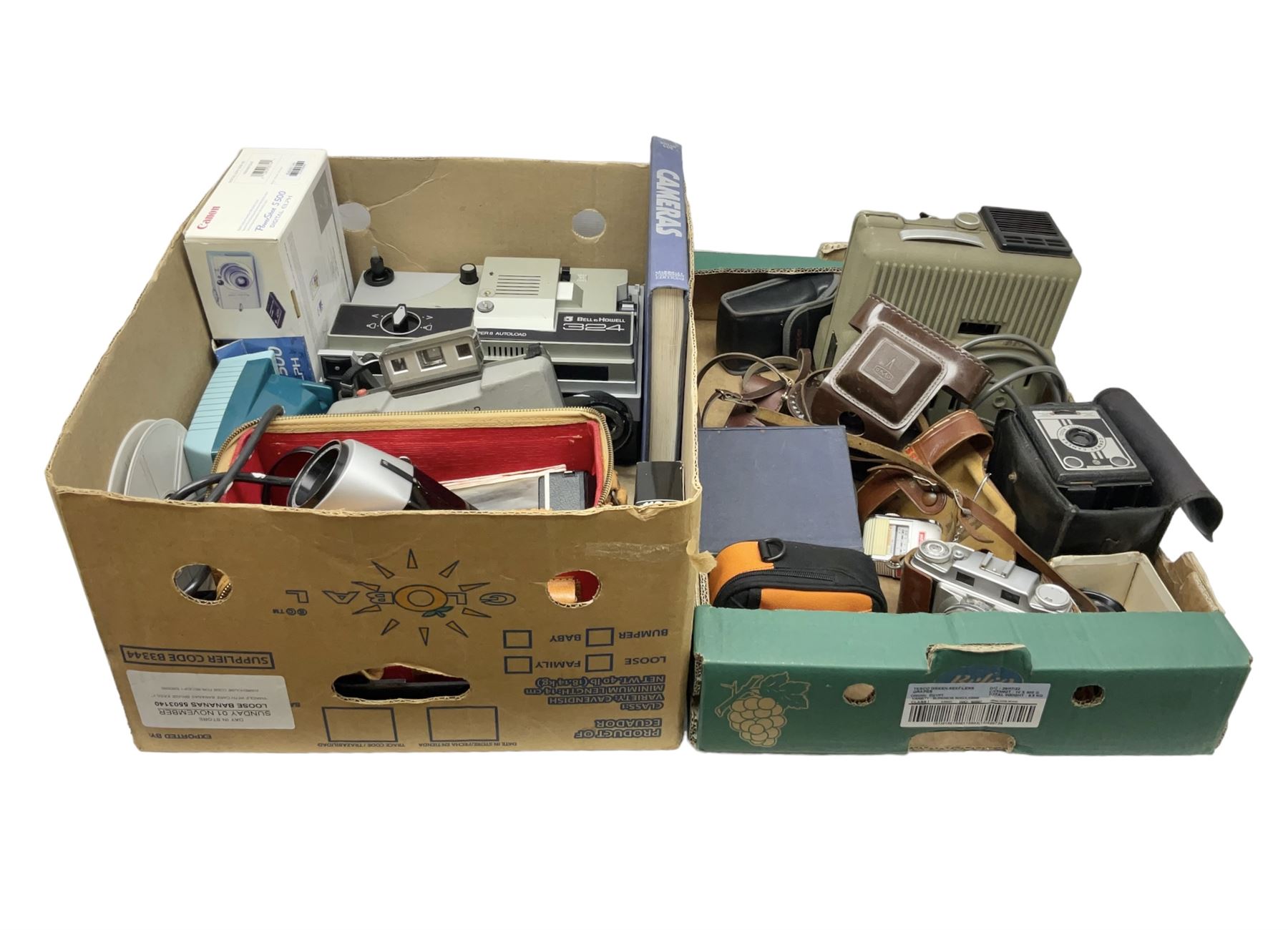 Collection of camera and equipment, to include Canon PowerShot S500, Cosmic 35, polaroid 320, etc, in two boxes  