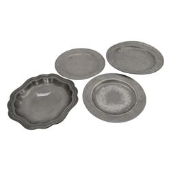 Collection of 19th century and later pewter plates and plate warmer with London and similar touch marks 