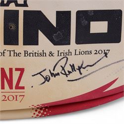 Three signed rugby balls, including 2017 Lions Tour Rhino Jumbo ball, signed by eight players, including Greig Laidlaw, Rugby world cup 2003 example and a 2001 British Lions example