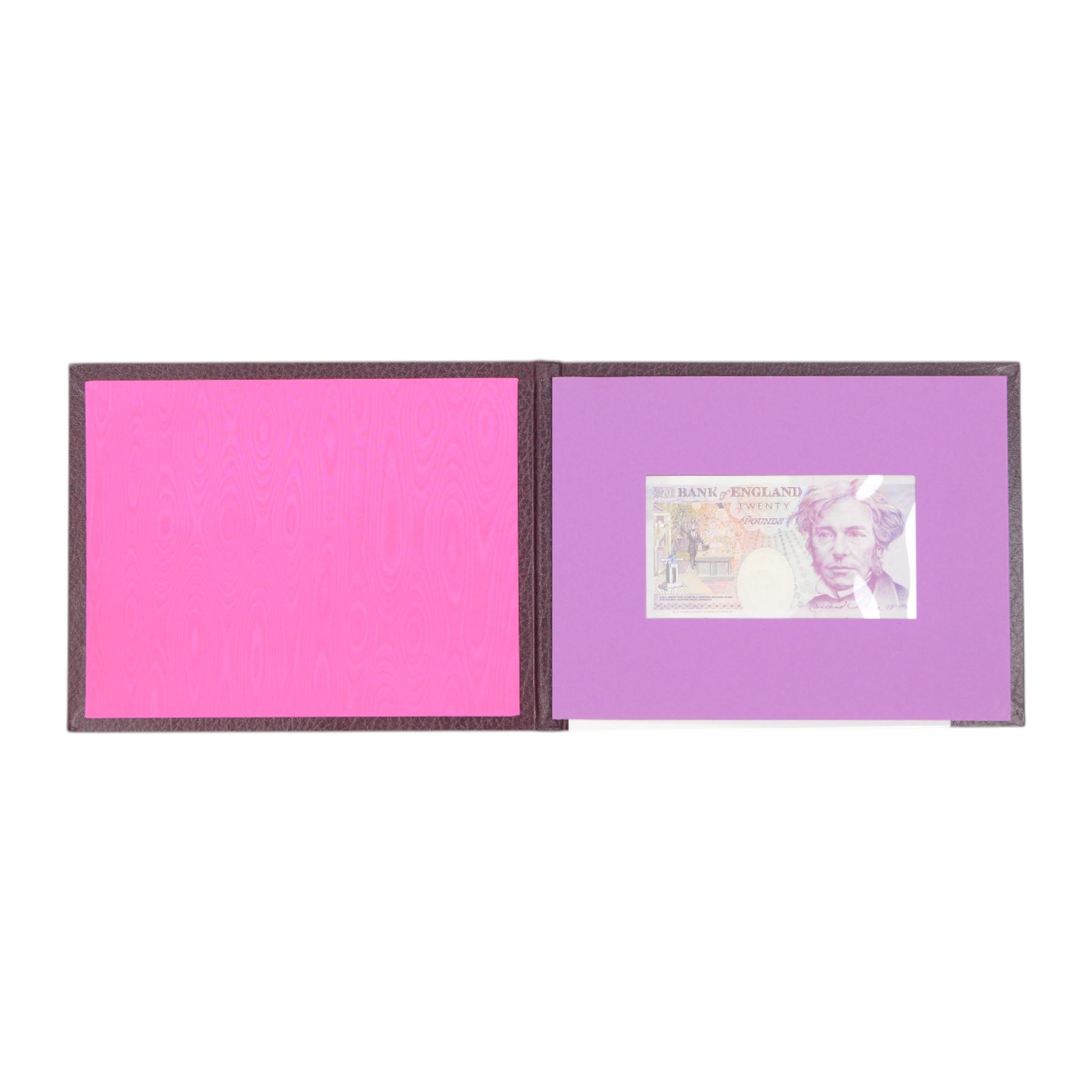 Seven Bank of England limited edition presentation pack pairs of banknotes, all with matching serial number 999966, comprising Gill five pound series D and E prefixes SE90 and A01, Kentfield five pound series E prefixes W18 and AA01, Kentfield ten pound series D and E prefixes KR30 and A01, Kentfield ten pound series E prefixes X40 and DD01, Gill twenty pound series D and E prefixes 20X and A01, Kentfield series E prefixes W35 and X01, and Kentfield series D and E prefixes E30 and A01, housed in leatherette binders manufactured by the Bank of England, 