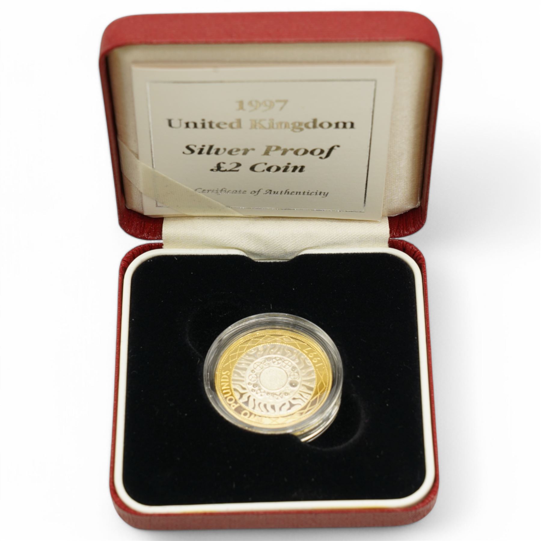 Six The Royal Mint United Kingdom silver proof coins or sets, comprising 1986 'XIII Commonwealth Games', 1997 two pounds, 1997 fifty pence two-coin set, 1997-1998 two pound two-coin set, 2005 '400th Anniversary of the Gunpowder Plot' fifty pence and 2020 'Withdrawal from the European Union' fifty pence, all cased with certificates