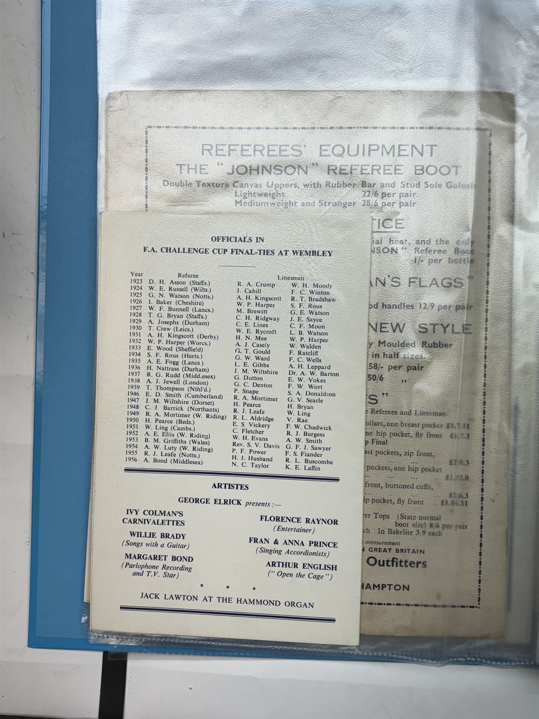 Collection of football memorabilia belonging and relating to the Hull based referee Frank Coultas, including 9ct gold Referee's medal for the 1957 Aston Villa v Manchester United FA Cup Final, inscribed 'The Football Association, F.B Coultas, F.A. Challenge Cup Competition, Final Tie 1957', hallmarked and in original case; the kit worn by him to referee the 1957 FA Cup Final and ephemera relating to the match including photographs, programmes and tickets; together with other football memorabilia collected by Frank Coultas, including programmes, photograph and ticket stubs, with some items relating to the 'Busby Babes'