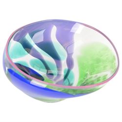 Jane Charles (British Contemporary): freeform studio glass bowl, with green, blue and purple flowing decoration, upon a textured circular foot, H16.5cm, D30cm